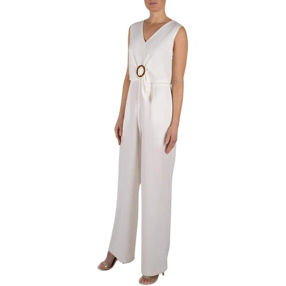 JULIA JORDAN Buckle Wide Leg Jumpsuit Romper Sleeveless Ivory 4 NEW - Picture 1 of 8